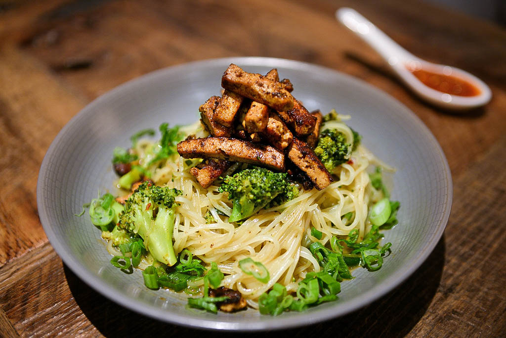 Singapore noodles with char sui tofu, broccoli, peanuts, and lime sambal photographed at V Street, the international vegan street food bar on Rittenhouse Square January 6, 2015. ( TOM GRALISH / Staff Photographer )
