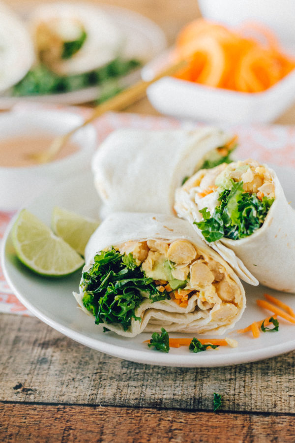 vegan avocado chickpea wrap with sriracha aioli