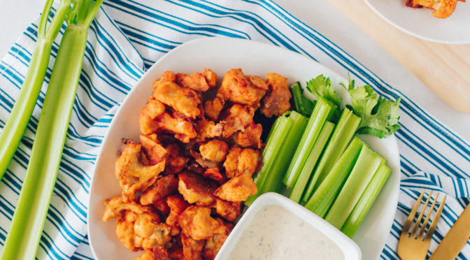 easy buffalo cauliflower wings with vegan ranch