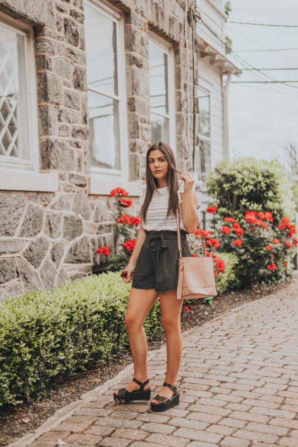 polka dot shorts, lace top, platform sandals