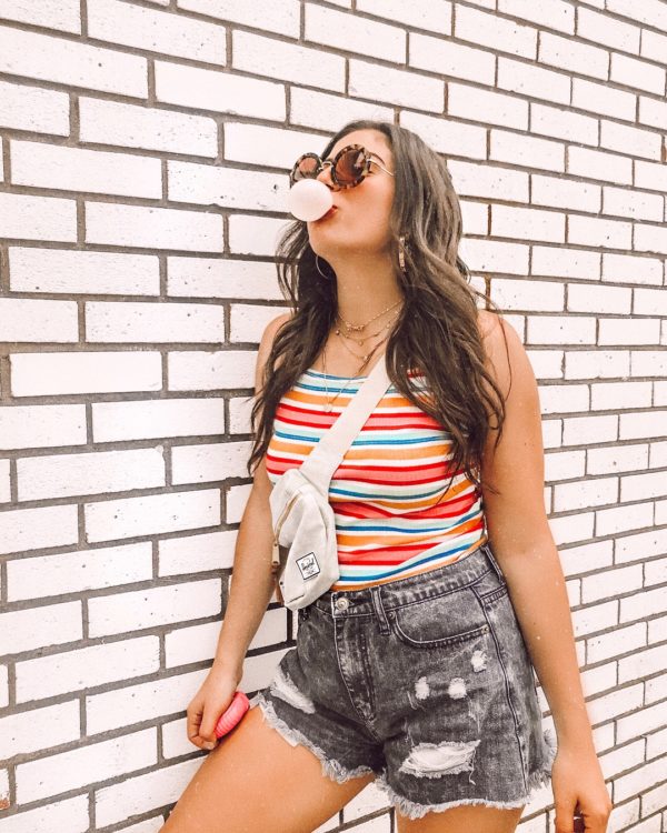 herschel belt bag with high rise denim shorts 